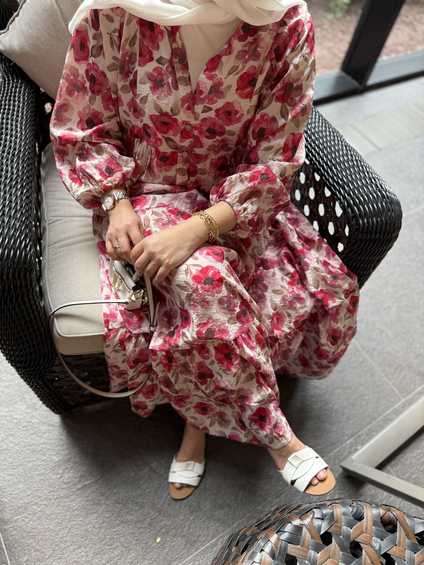 Çiçekli Mango Kumaş Elbise Pembe