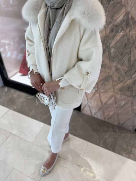 Angora Kürklü Kaban Ekru/Bej