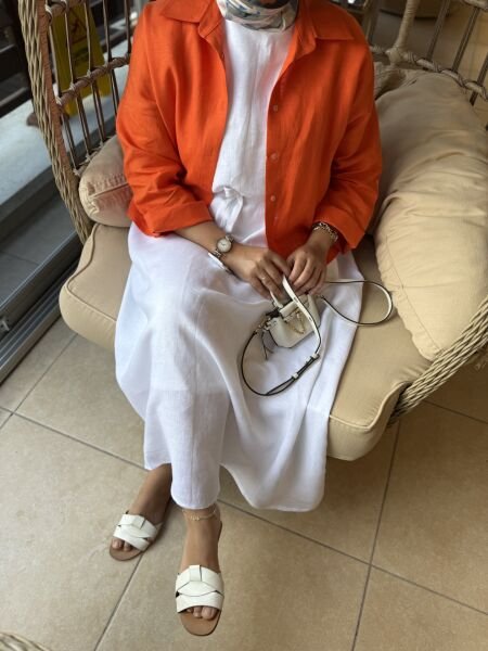 Sıfır Kollu Keten  Elbise Beyaz