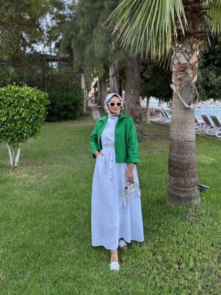 Sıfır Kollu Keten  Elbise Beyaz