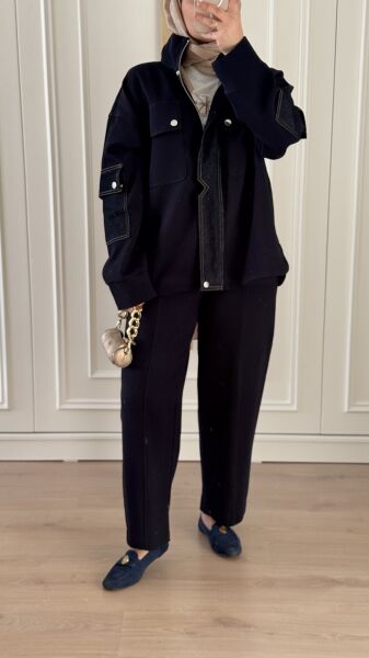 Kot Detaylı Lacivert Tasarım Takım