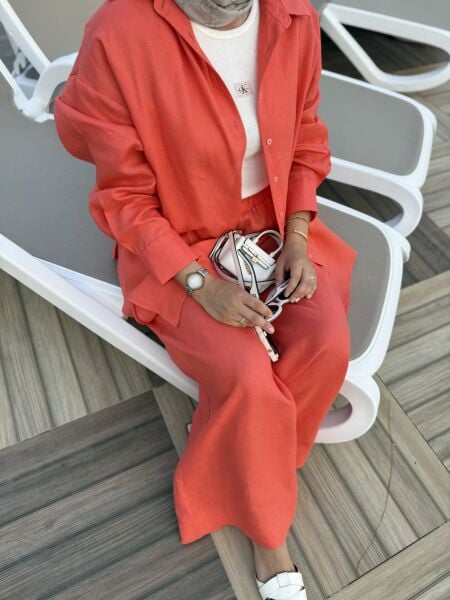 Oversize Keten Takım Nar Çiçeği