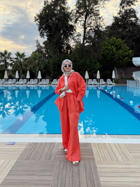 Oversize Keten Takım Nar Çiçeği