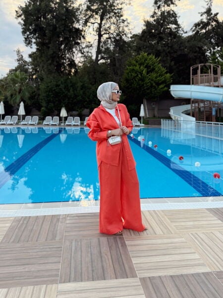 Oversize Keten Takım Nar Çiçeği