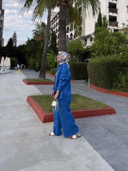 Oversize Keten Takım Mavi