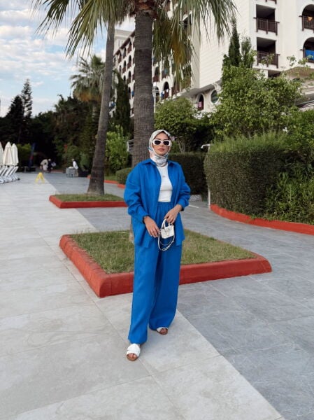 Oversize Keten Takım Mavi