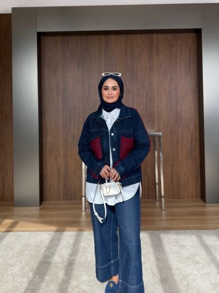 Bordo Denim Detaylı Ön Cepli Triko Ceket