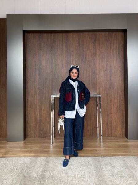 Bordo Denim Detaylı Ön Cepli Triko Ceket