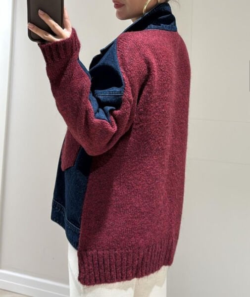 Bordo Denim Detaylı Ön Cepli Triko Ceket