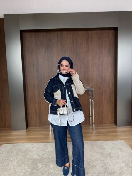 Krem Denim Detaylı Ön Cepli Triko Ceket