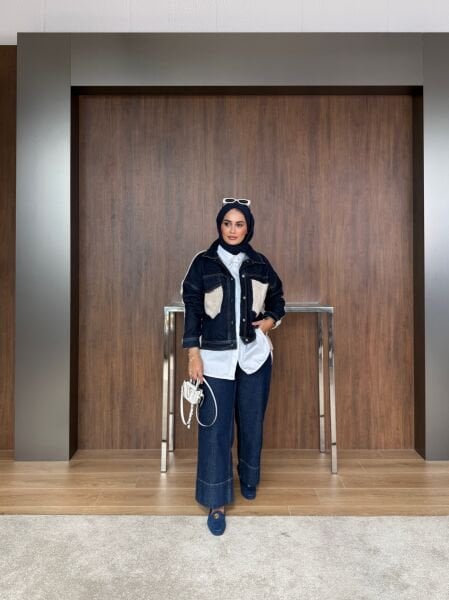 Krem Denim Detaylı Ön Cepli Triko Ceket