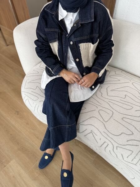 Krem Denim Detaylı Ön Cepli Triko Ceket