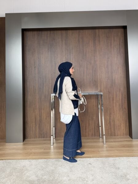 Krem Denim Detaylı Ön Cepli Triko Ceket