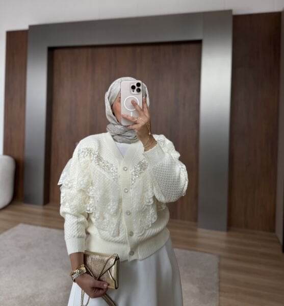 İthal Dantelli Hırka Ekru