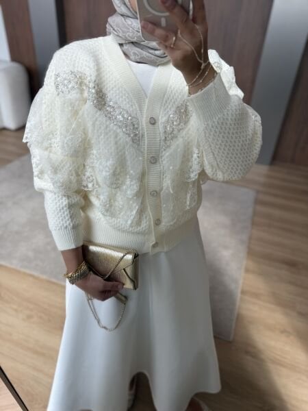 İthal Dantelli Hırka Ekru