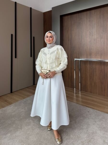 İthal Dantelli Hırka Ekru