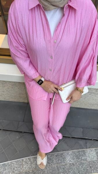 Taşlı Tensel Takım Pembe