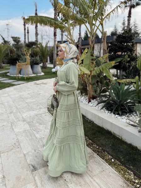 İnci Düğme Elbise Çağla Yeşili