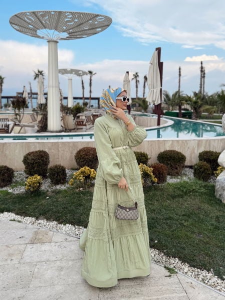 İnci Düğme Elbise Çağla Yeşili
