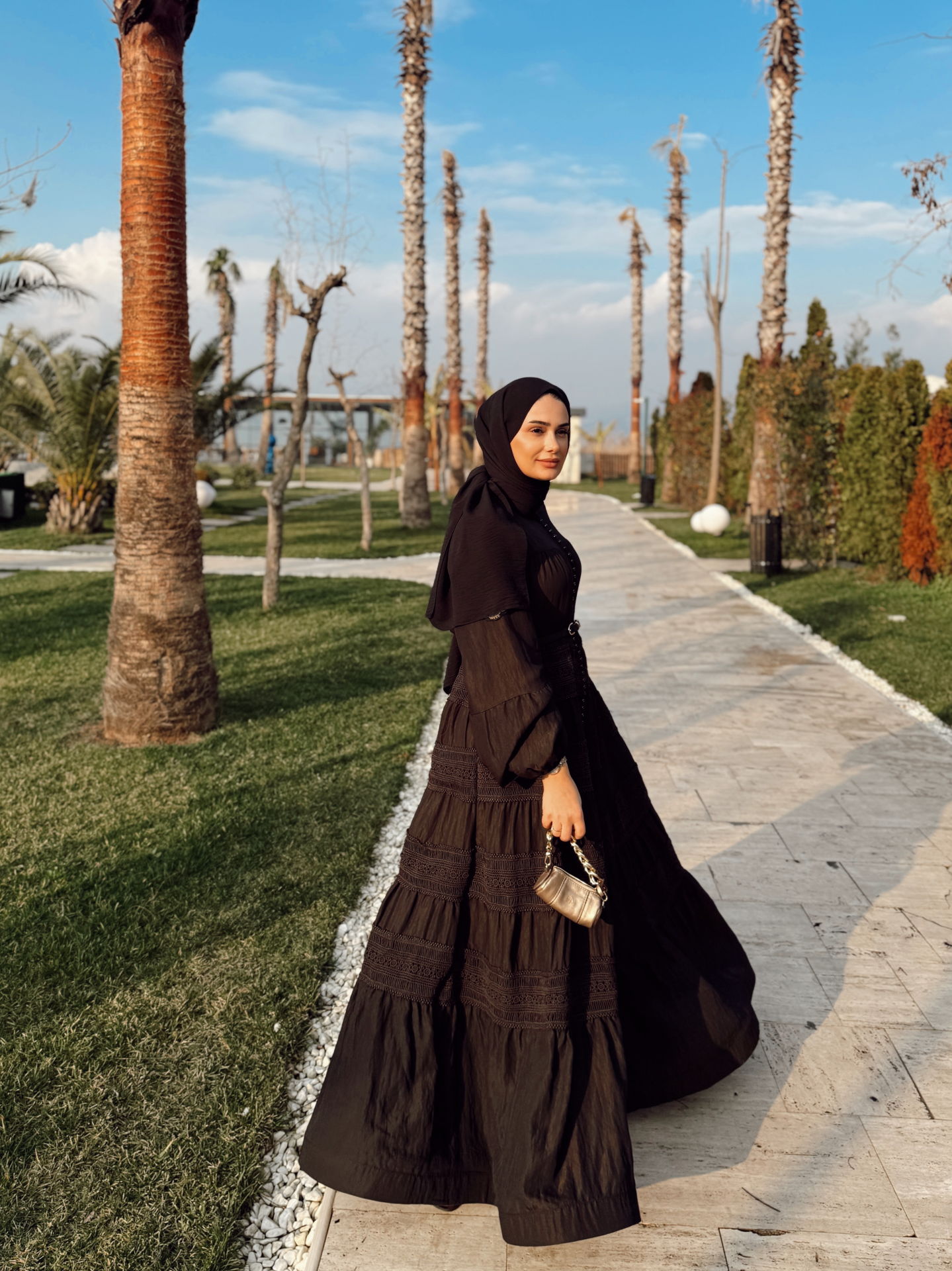 İnci Düğme Elbise Siyah