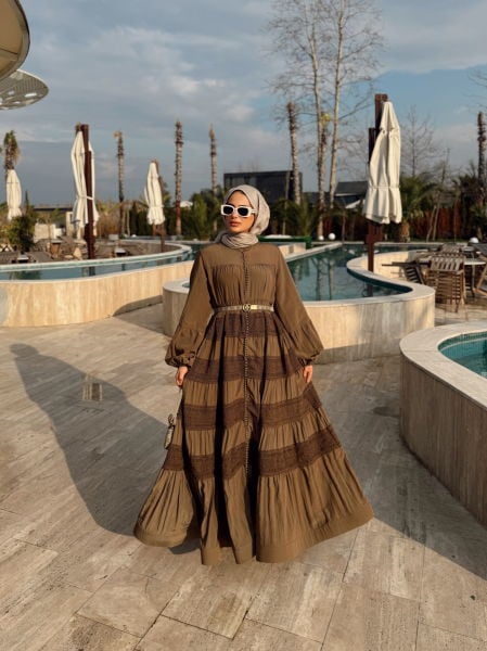 İnci Düğme Elbise Kahve