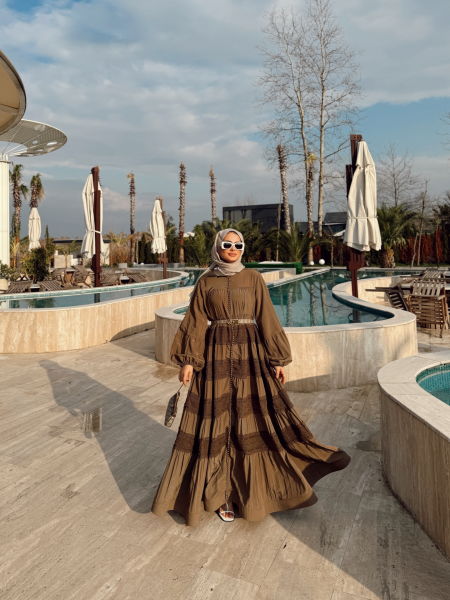 İnci Düğme Elbise Kahve
