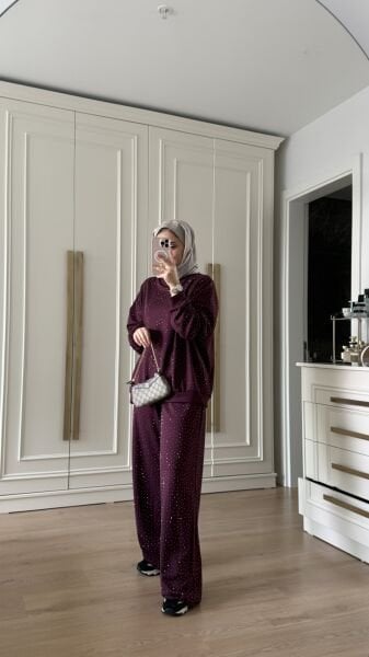 Taşlı Takım Bordo