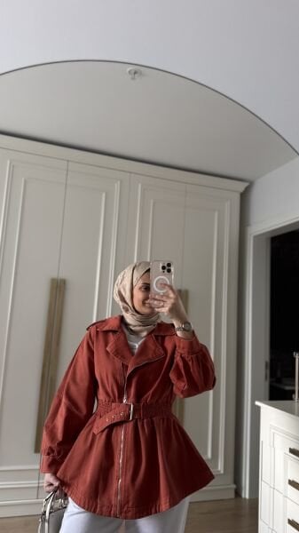 Belden Oturtmalı Kot Ceket Kiremit