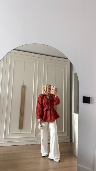 Belden Oturtmalı Kot Ceket Kiremit