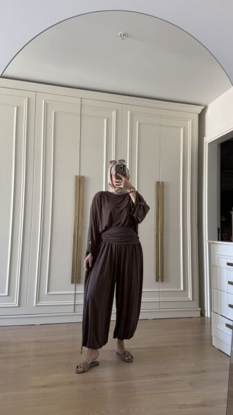 Kuşaklı Şalvar Model Takım Kahverengi