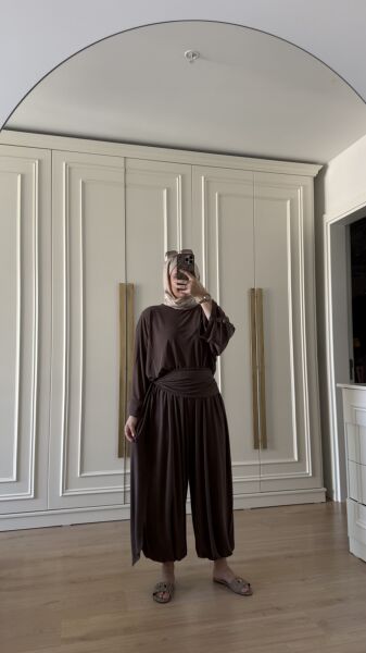 Kuşaklı Şalvar Model Takım Kahverengi
