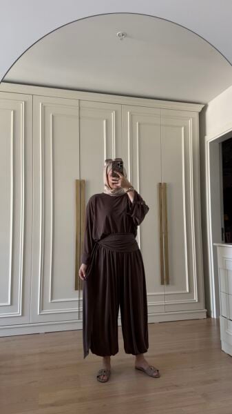 Kuşaklı Şalvar Model Takım Kahverengi
