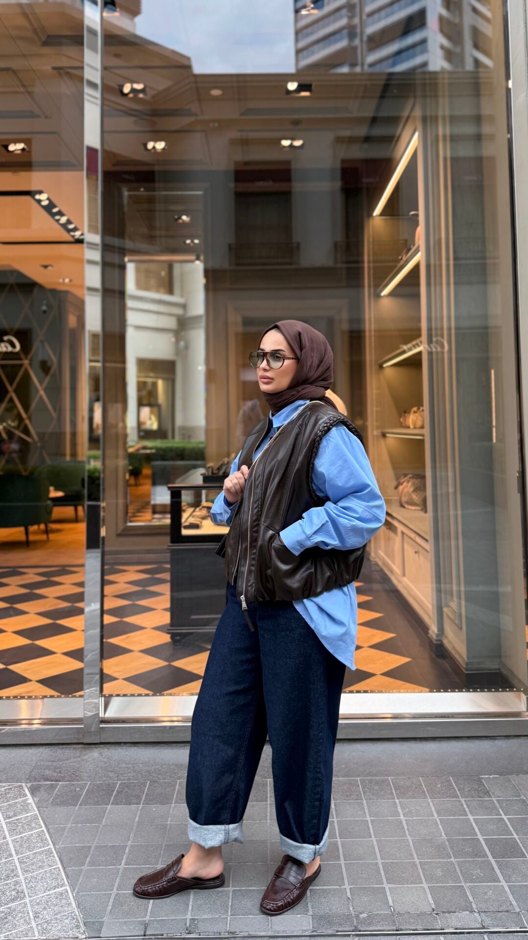 Fularlı Deri Yelek