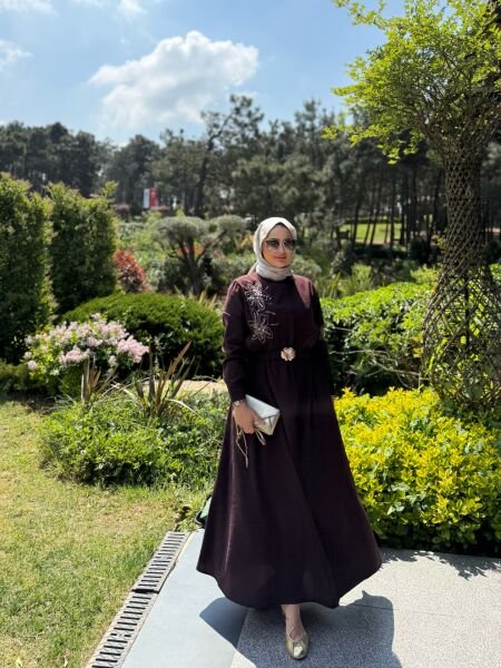 İşlemeli Cupra Elbise Bordo