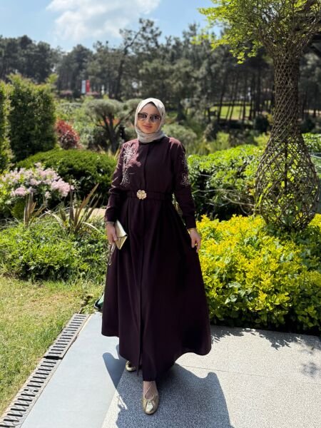 İşlemeli Cupra Elbise Bordo