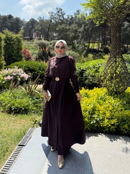 İşlemeli Cupra Elbise Bordo