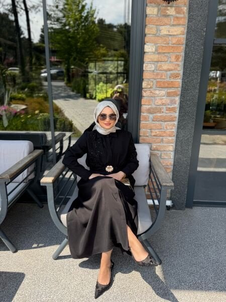 İşlemeli Cupra Elbise Siyah