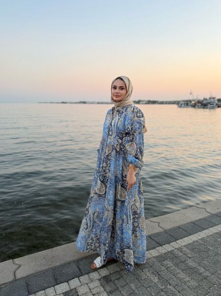Şal Desen Elbise Mavi