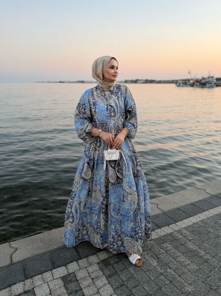 Şal Desen Elbise Mavi
