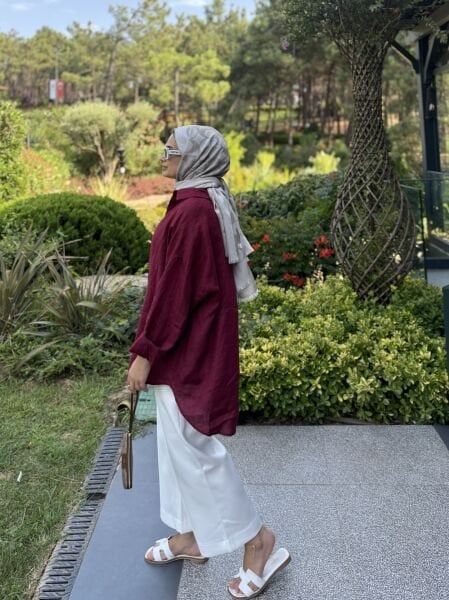 Nakış Detaylı Bordo Keten Gömlek