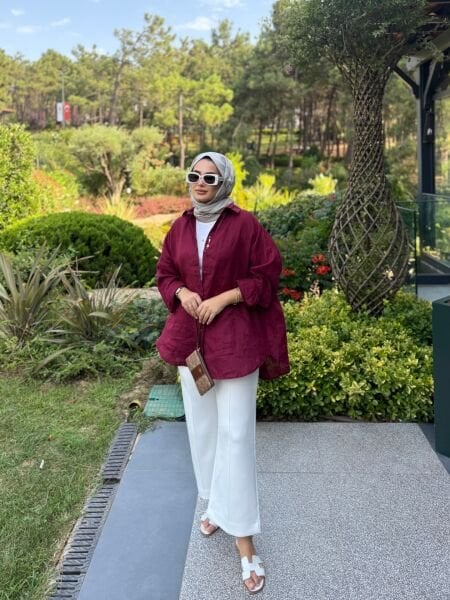 Nakış Detaylı Bordo Keten Gömlek