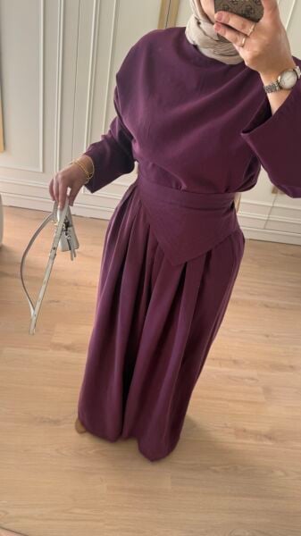 Kuşak Detaylı Tensel Takım Bordo