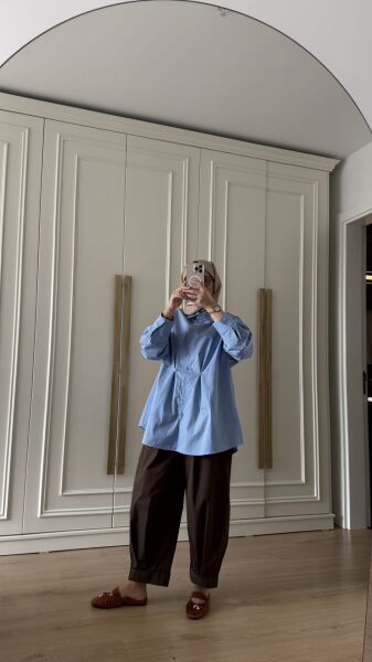 Pamuklu Oversize Gömlek Mavi