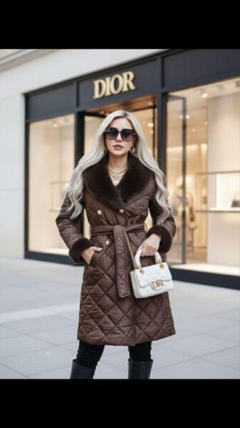 Premium Kürklü Kapitone Mont Kahverengi