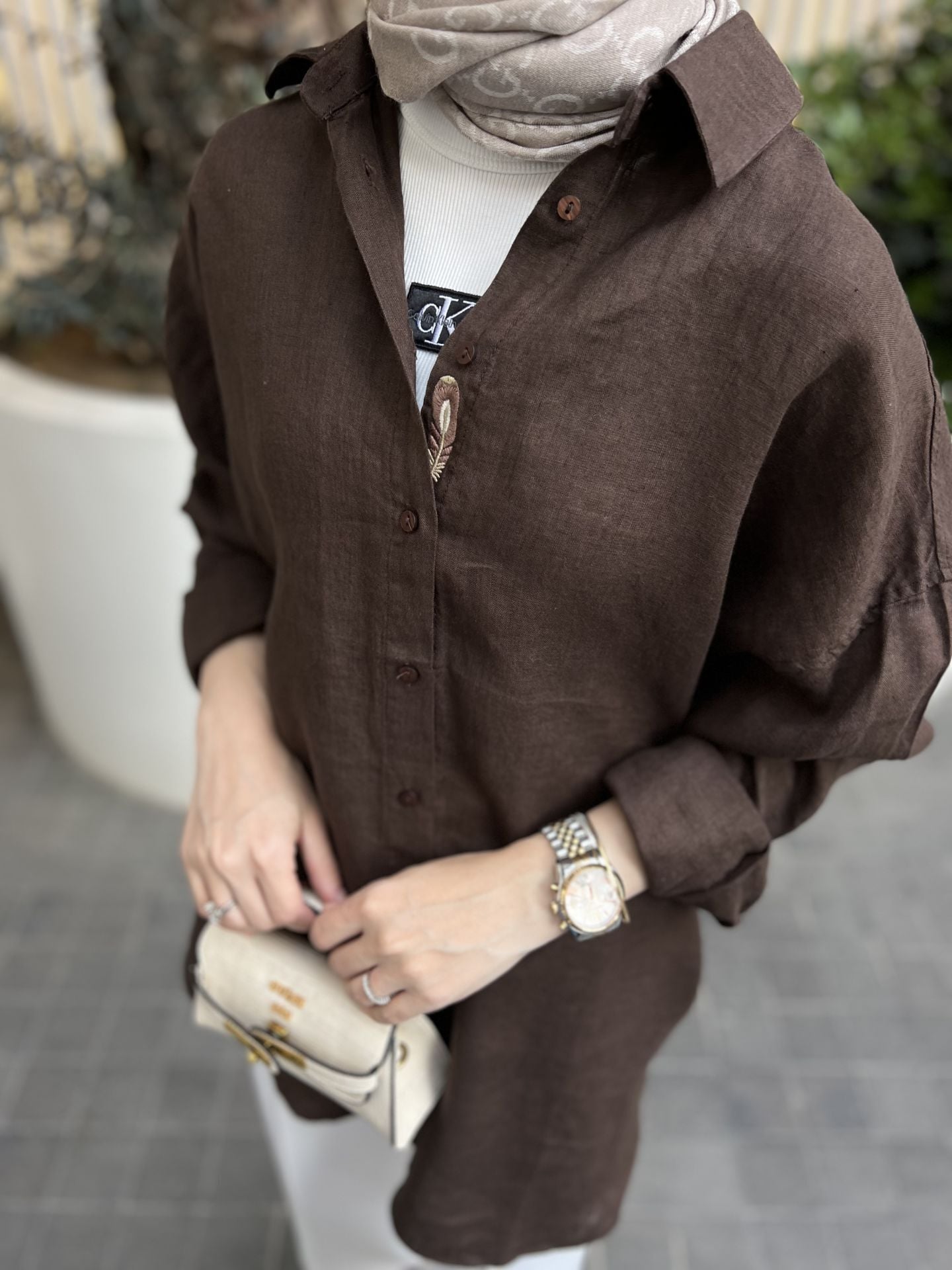 Nakışlı  Keten Gömlek Kahverengi