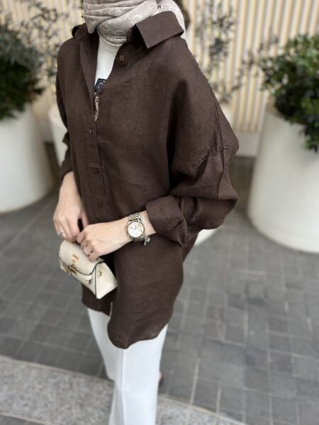 Nakışlı  Keten Gömlek Kahverengi