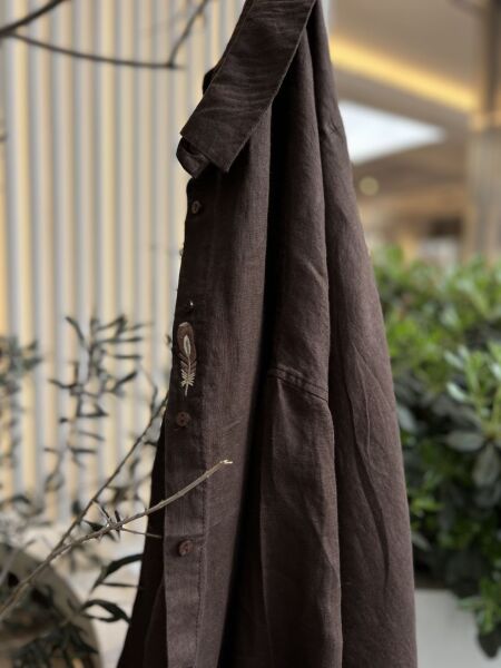 Nakışlı  Keten Gömlek Kahverengi