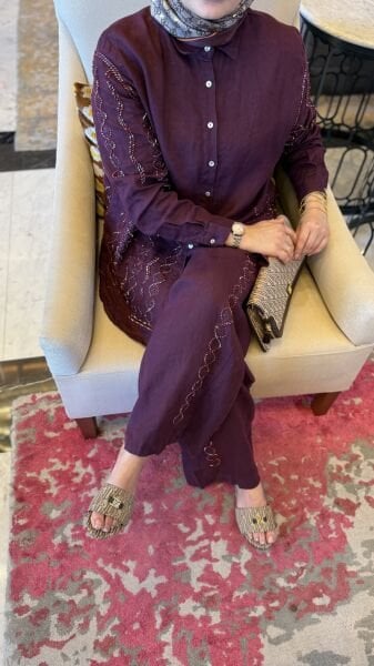 Taşlı Keten Takım Bordo