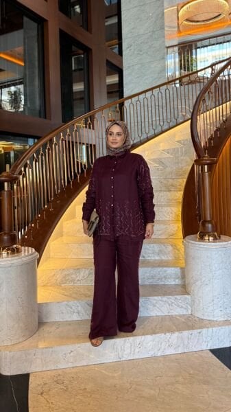 Taşlı Keten Takım Bordo