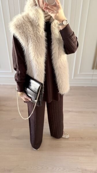 Işıltılı Triko Takım Kahverengi